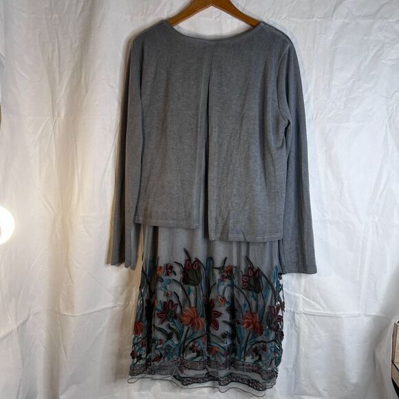 Simply Couture Gray Embroidered Tunic Dress w/ Scarf Size XL Boho Chic Dressy - Picture 3 of 9